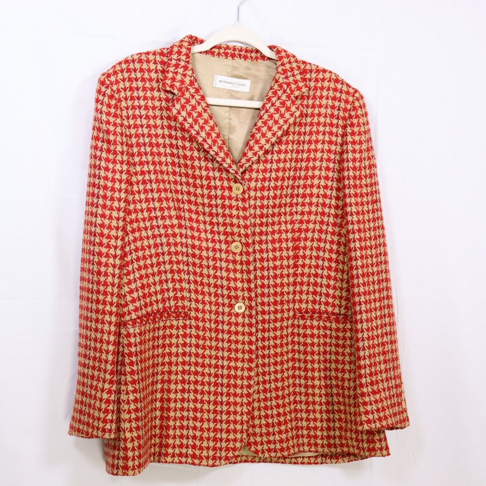 Bernard Zins Blazer 16 Red Houndstooth Womens French Silk Wool Jacket